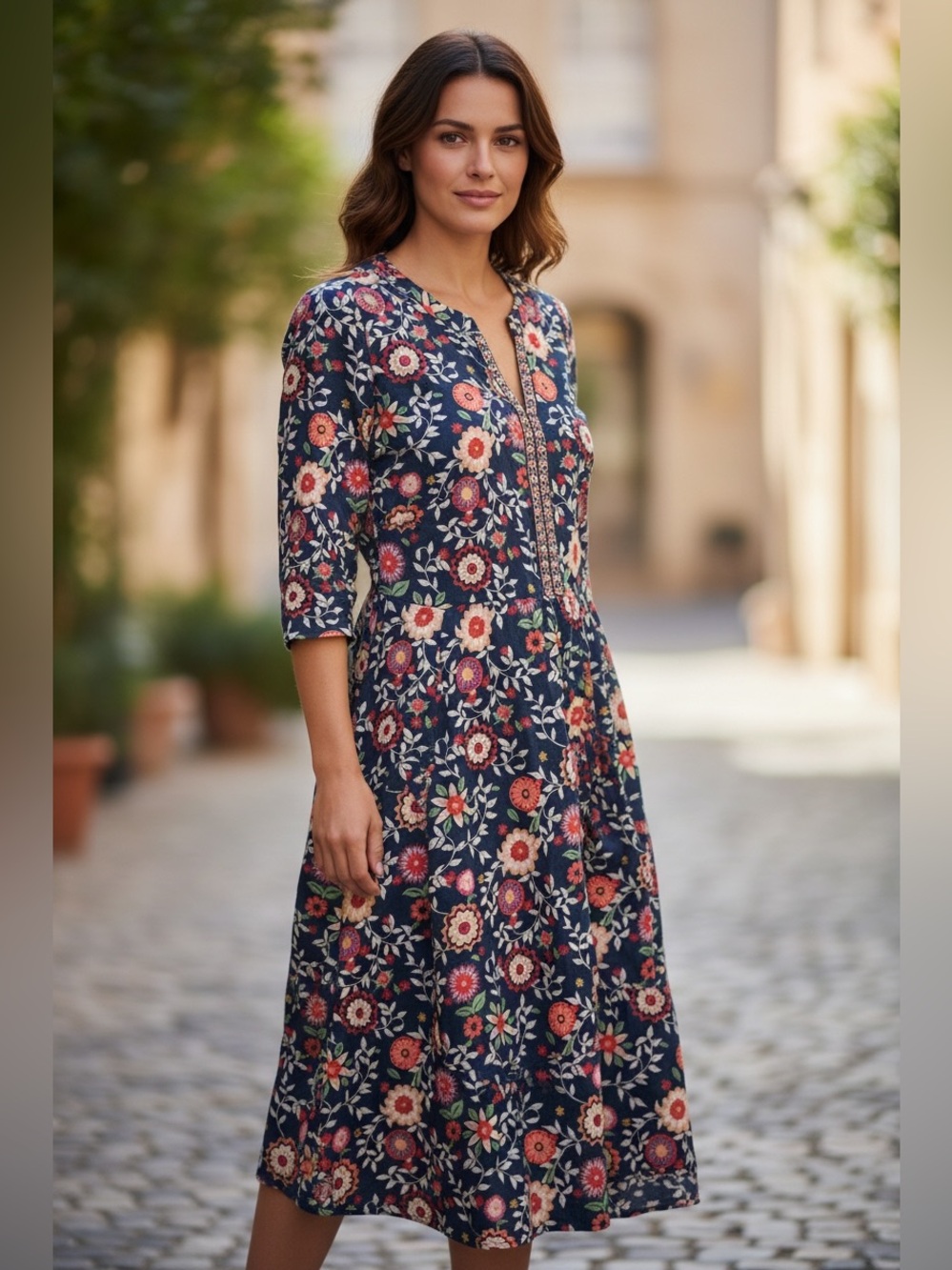 NWT: BloomChic size 10 Floral Midi Dress with Embroidered Placket